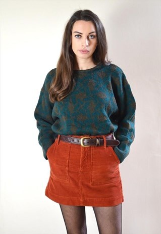 80S VINTAGE DARK GREEN PATTERN KNIT JUMPER