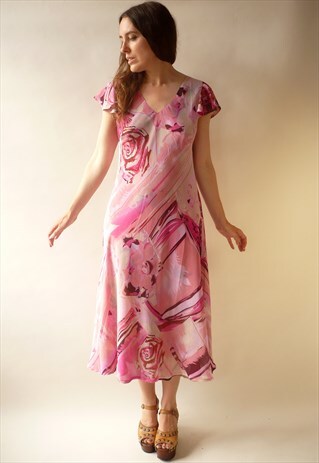 VINTAGE 1990'S REVERSIBLE CHIFFON FLORAL BIAS CUT SLIP DRESS