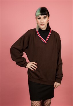   Reworked vintage brown V neck sweatshirt jersey jumper  
