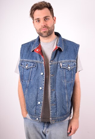 MUSTANG MENS VINTAGE REVERSIBLE DENIM GILET LARGE BLUE 90S