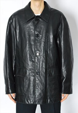 Vintage 90s Black Minimalist Faux Leather Coat