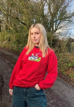 Vintage 80s Country Castle Embroidered Red Sweatshirt