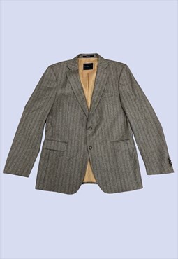 Grey Brown Virgin Wool Herringbone Button Blazer Jacket