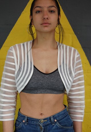 Y2K FURURISTIC WHITE STRIPED AND SHEER CROP BOLERO