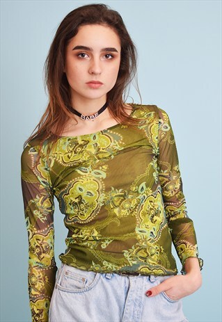 90'S RETRO PAISLEY PRINT KITSCH SHEER PARTY TOP BLOUSE