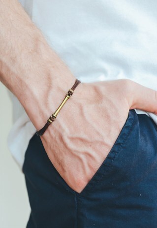 MEN'S BRACELET, BROWN BRACELET FOR MEN WITH LONG BRONZE BAR