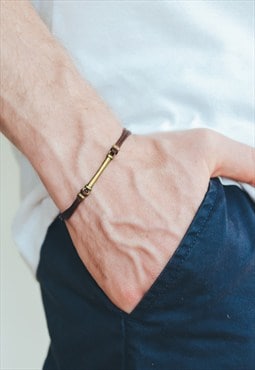 Mens bracelet brown cord for men long bronze bar charm