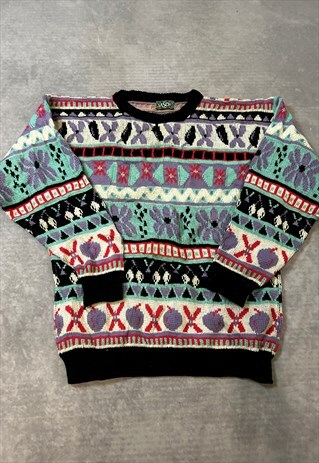 VINTAGE KNITTED JUMPER FLOWER PATTERNED GRANDAD SWEATER