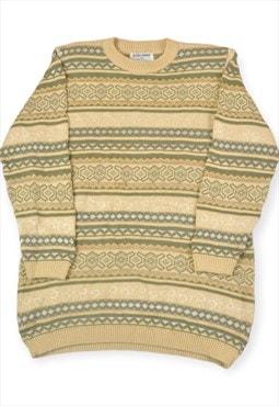 Vintage Knitted Jumper Retro Pattern Cream/Green Ladies M