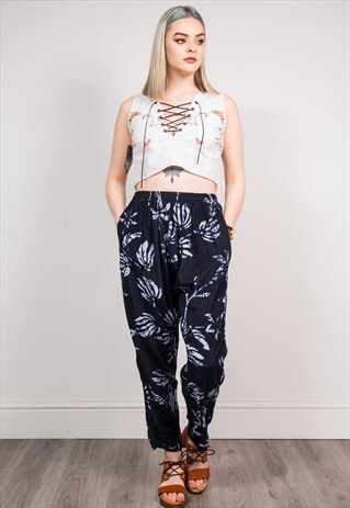 VINTAGE NAVY BLUE PATTERNED FESTIVAL BOHO TROUSERS