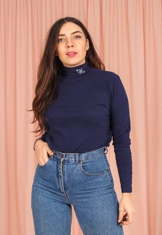 VINTAGE 90S TURTLE NECK JUMPER IN NAVY BLUE