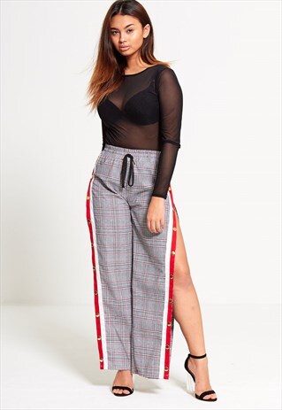 GINGHAM PRINT SIDE STRIPE POPPER TROUSERS