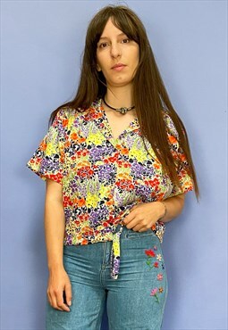 Vintage 80's Floral Print Cropped Shirt - S/M