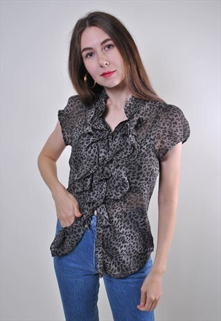 VINTAGE WOMAN RUFFLED GRAY LEOPARD PRINT BLOUSE