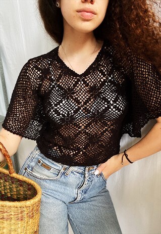 VINTAGE 80S MILKAMID BOHO HANDMADE CROCHET KNIT BLOUSE TOP