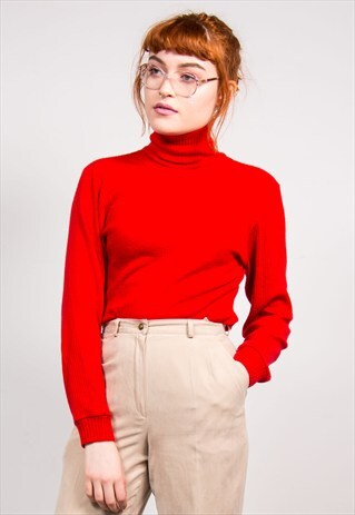 90'S VINTAGE RED ROLL NECK RIBBED KNIT TOP JUMPER