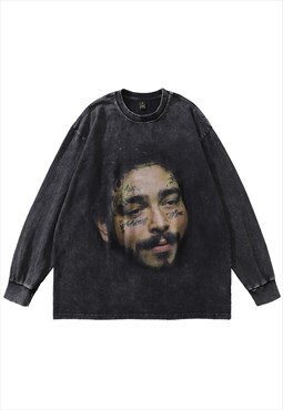 Post Malone t-shirt vintage wash top rapper print long tee