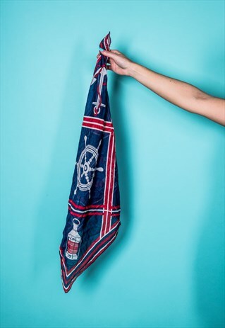 VINTAGE SILK HEADSCARF IN BLUE AND RED SAILING PATTERN