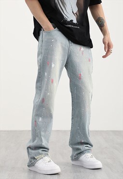 Blue Washed Paint Splatter Denim jeans pants trousers