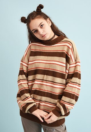 90'S RETRO STRIPED PATTERN JAZZY OVERSIZED DADS KNIT JUMPER