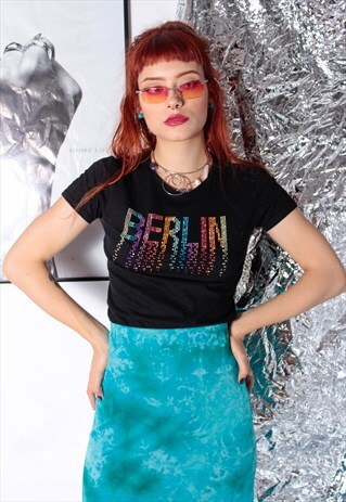 90S GRUNGE Y2K GRAPHIC BERLIN RAINBOW GLITTER LOGO T-SHIRT