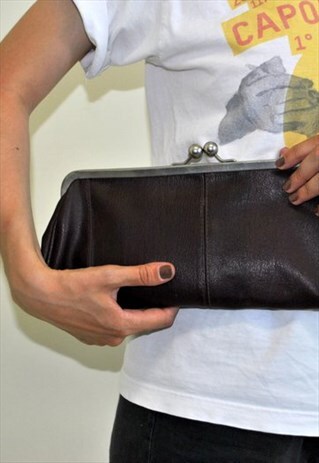 60S LEATHER BROWN CLUTCH, VINTAGE BOHO MINI BAG