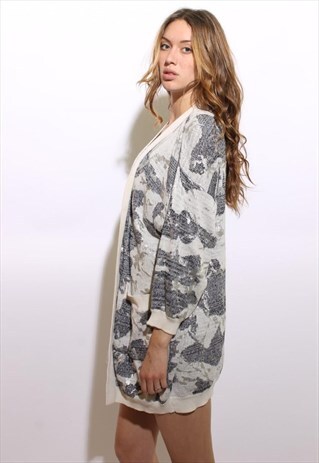 VINTAGE 1980'S 80'S OVERSIZED SILVER CAMO SWEATER COAT M-L