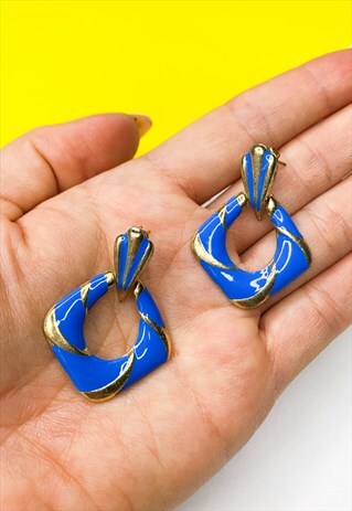 1980'S BLUE ENAMEL DOORKNOCKER EARRINGS