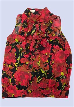Red Black Rose Print Ruffle Sleeveless Dress 