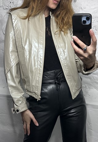80s Nude Glossy Leather Bomber Jacket - S - M