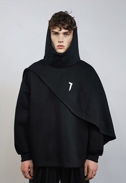 Gothic cape raised neck punk hoodie utility poncho in black