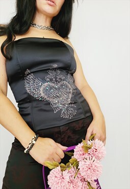 Retro Y2K 00s black sequin heart print sexy grunge corset to