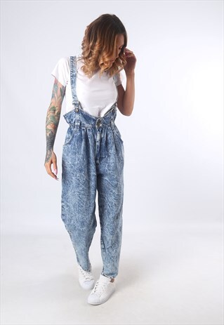 DENIM DUNGAREES ACID WASH WIDE TAPERED LEG UK 14 (51B)