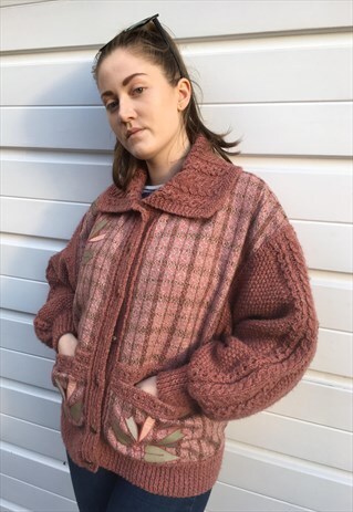 WOMENS VINTAGE 80S JACKET PINK FLORAL PATTERN KNIT CARDIGAN
