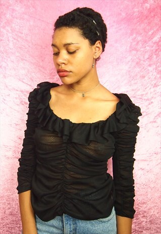 BLACK MESH RUFFLE TOP