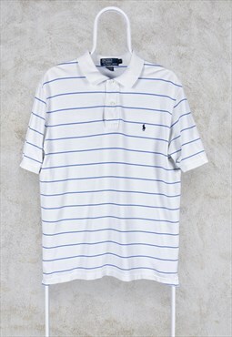 Vintage Ralph Lauren Polo Shirt White Blue Striped Mens M