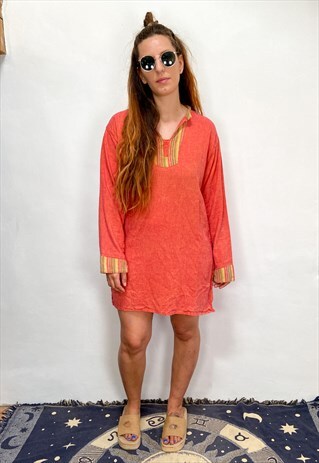 VINTAGE ORANGE WOVEN LOOSE TUNIC DRESS