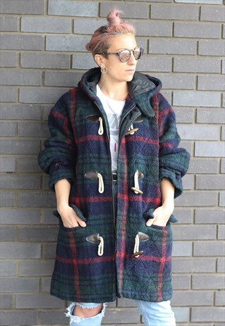 VINTAGE 1990S CHAPS RALPH LAUREN TARTAN FLEECED DUFFEL COAT