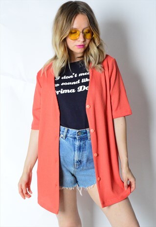 VINTAGE 90S PEACH ORANGE RIBBED SHORT SLEEVE CARDIGAN