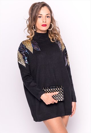 BLACK JUMPER WITH SEQUIN ANGEL WING DESIGN