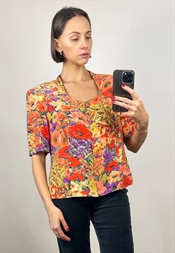 Short Sleeve Button Up Floral Blouse, Retro Summer top