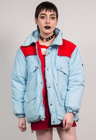 VINTAGE 80'S BABY BLUE & RED THICK PUFFER SKI JACKET