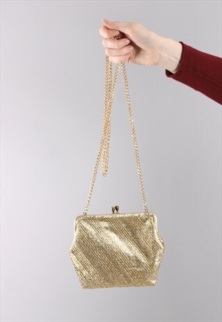 VINTAGE 80S GOLD METALLIC THREAD CLASP PARTY PURSE BAG