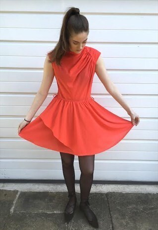 WOMENS VINTAGE 80S DRESS RED FLOATY FRILLY SLEEVELESS SKATER