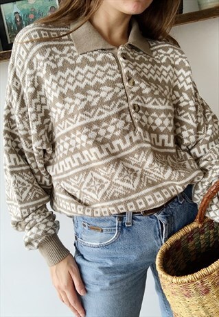 VINTAGE 80S ABSTRACT FAIR ISLE CHRISTMAS KNIT JUMPER SWEATER