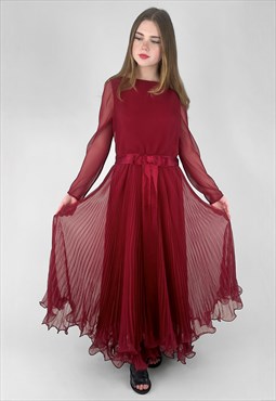 70's Miss Elliette Burgundy Long Sleeve Pleated Maxi Dress