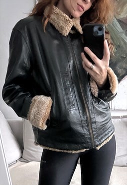 Vintage 80s Sherpa Black Leather Biker Jacket - L - XL