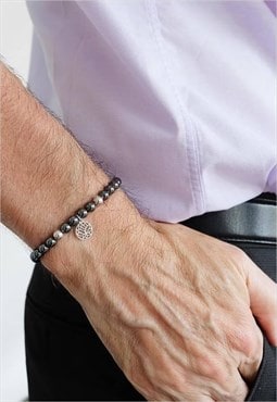 Lotus Charm with Hematite Power Bead Bracelet Men Silver