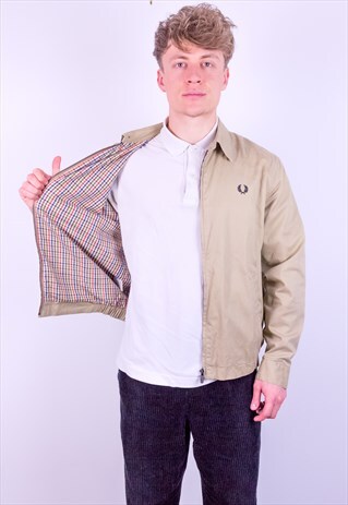 VINTAGE FRED PERRY CHECK LINED HARRINGTON JACKET IN BEIGE