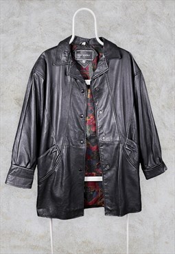 Vintage Black Leather Jacket Patterned Lining Large